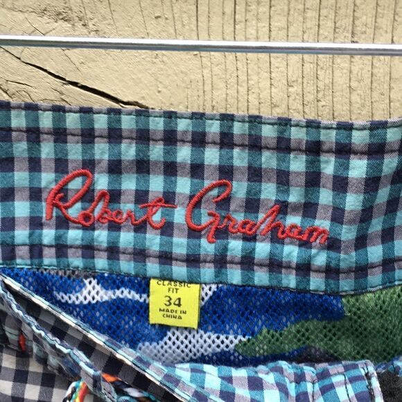 ROBERT GRAHAM 34 Gingham Shorts Classic Fit Contrast cuff swim Short - Picture 3 of 14